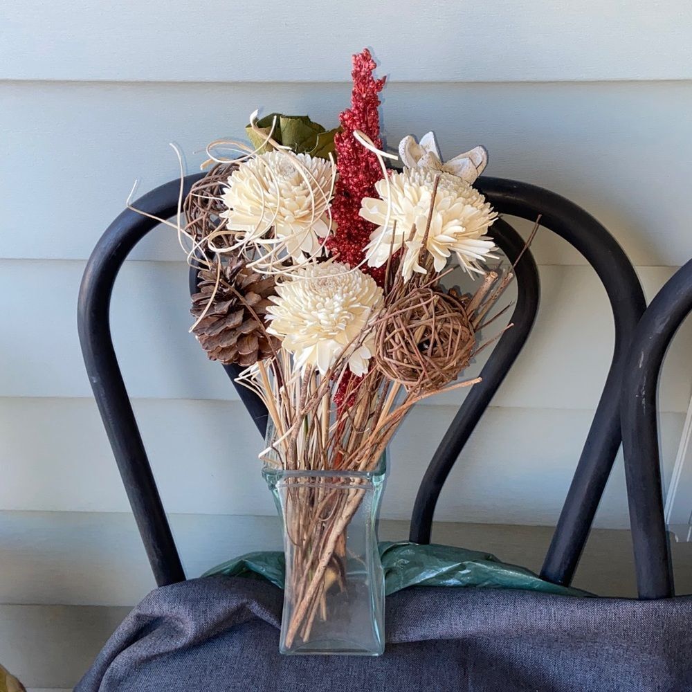 Chic Faux Floral Bouquet with Red and Cream Hues And Glass Vase